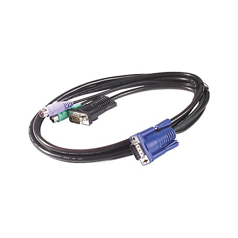 Kabel mit VGA-Stecker, PS/2-Anschlüssen und Audio-Klinke auf schwarzem Hintergrund.