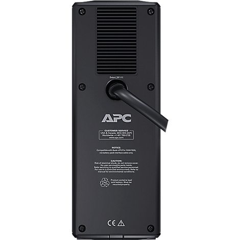 Back of a black UPS with APC logo and writings. A power cable is coming out.