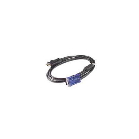 Ein schwarzes VGA-Kabel, das zu einer Schlaufe geformt ist, mit blauem Stecker.