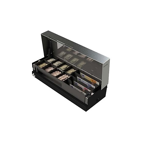 Geöffnete Kasse mit Münzen und Geldscheinen. Die Kasse ist schwarz und silberfarben.