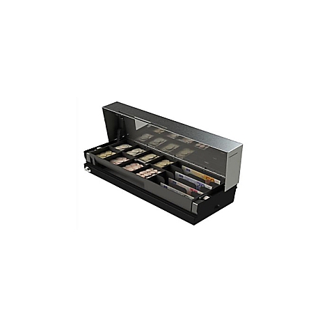 Geöffnete schwarze und silberne Kassenschublade, gefüllt mit Münzen und Banknoten.