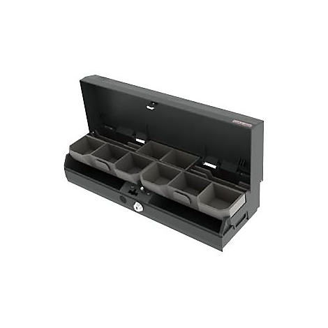 Geöffnete schwarze Kassenschublade mit Münzfächern.