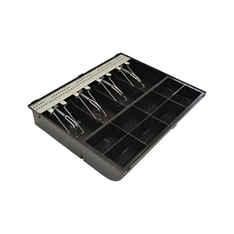 Schwarze Kassenschublade, oben Münzfächer, darunter Geldscheinfächer mit Halterungen aus Metall.