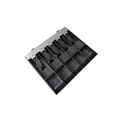 Kassenladen-Innenansicht, Schwarz. Metallleiste mit Fächern für Münzen und Scheine.