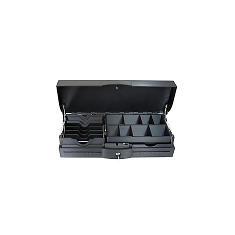 Geöffnete schwarze Registrierkasse mit Münzfächern und Geldscheinhaltern.