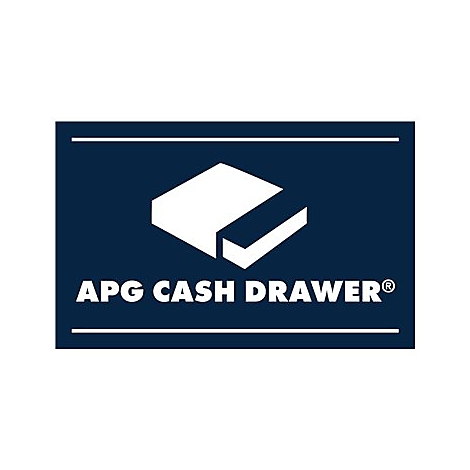 Logo von APG Cash Drawer. Auf dunkelblauem Hintergrund ein weißes, abstraktes Schubladen-Design, darunter der Schriftzug.