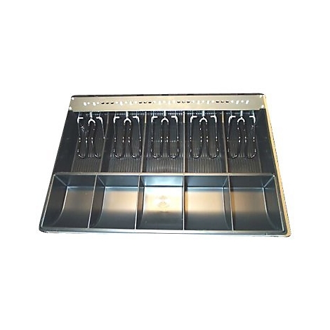 Schwarze Kassenschublade mit Münzfächern und Halterungen für Geldscheine, silberfarbene Leiste oben.