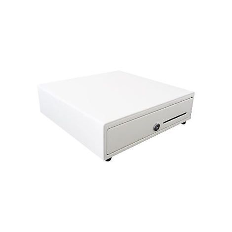 Weiße, rechteckige Kassenschublade mit Schlüssel und Schlitz. Schwarze Füße. Blick von schräg oben.