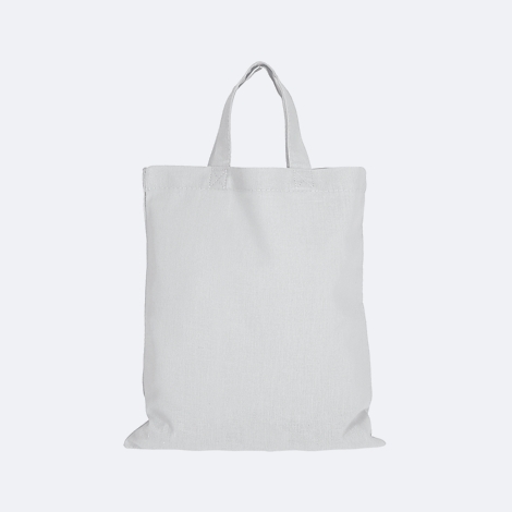 Hellgraue Stofftasche vor weißem Hintergrund, mit zwei Henkeln.