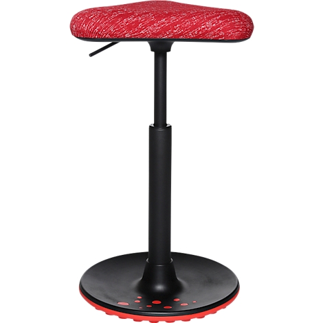 Taburete ergonómico de pie con asiento rojo, marco y base negros.