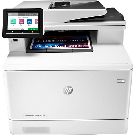 Imprimante multifonction HP blanche avec écran tactile affichant les options du menu, papier imprimé avec "Silk Road Imports".