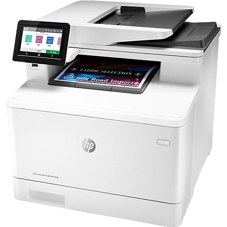 Imprimante multifonction HP blanche avec écran couleur et sortie papier. Le papier indique "Fabric Selection Silk Road Import".