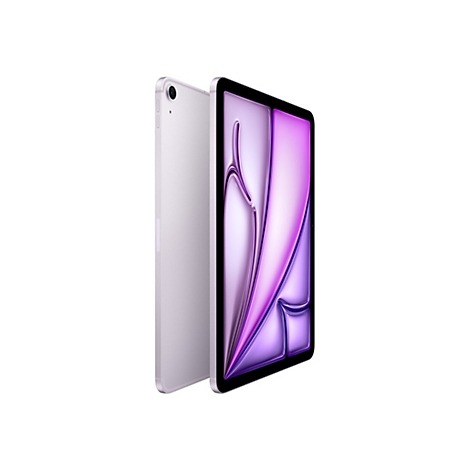 Ein lilafarbenes Tablet, das leicht geneigt vor einem weißen Hintergrund steht. Die rechte Seite zeigt das Display, das eine abstrakte lila und weiße Grafik zeigt.