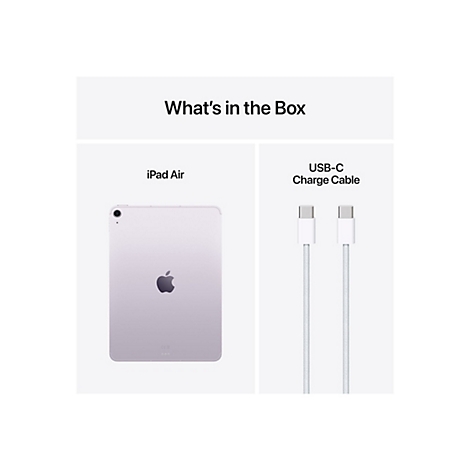 Ein Foto, das zeigt, was sich in der Verpackung befindet. Es zeigt ein iPad Air und ein USB-C-Ladekabel. Der Text lautet: Was sich in der Box befindet.