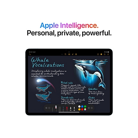 Ein iPad zeigt eine Illustration einer Orca, umgeben von Informationen über Walgesänge. Der Text lautet: Apple Intelligence. Persönlich, privat, leistungsstark.