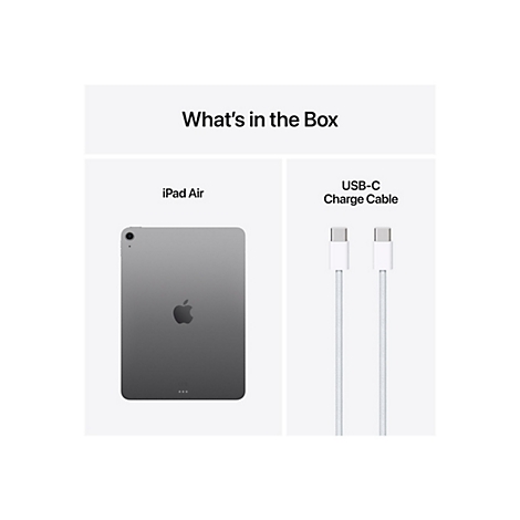 Graues iPad Air neben einem weißen USB-C-Ladekabel. Überschrift: What's in the Box?
