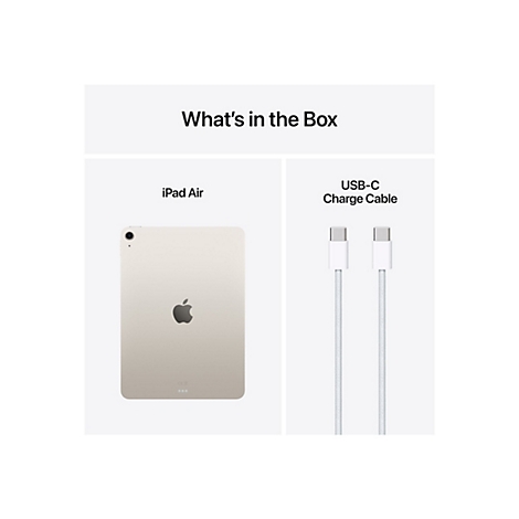 iPad Air und USB-C Ladekabel auf hellgrauem Hintergrund. Aufschrift: "What's in the Box".