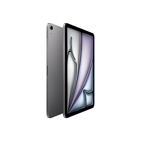 Graues Tablet in schräger Perspektive, Vorder- und Rückseite sichtbar. Bildschirm mit abstrakter Grafik.