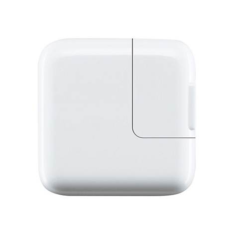 Weißer, quadratischer Apple-Netzadapter mit abgerundeten Ecken vor weißem Hintergrund.