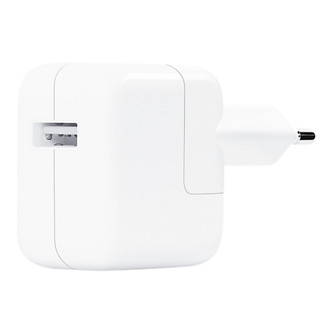 Weißer Netzadapter mit USB-Anschluss vor neutralem Hintergrund.