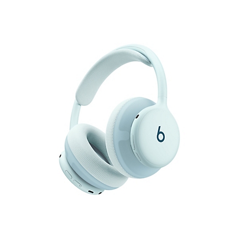 Hellblaue kabellose Beats Over-Ear-Kopfhörer vor weißem Hintergrund.