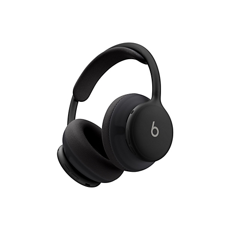 Schwarze kabellose Beats-Kopfhörer mit weichen Ohrpolstern vor weißem Hintergrund.