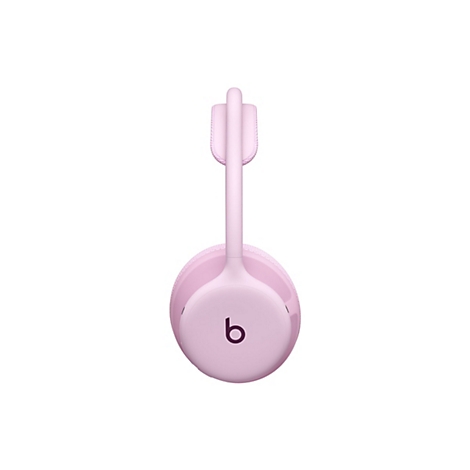 Seitliche Ansicht eines rosafarbenen Beats-Kopfhörers vor weißem Hintergrund.