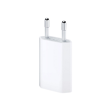 Weißes Apple USB-Netzteil für Steckdosen vor weißem Hintergrund.