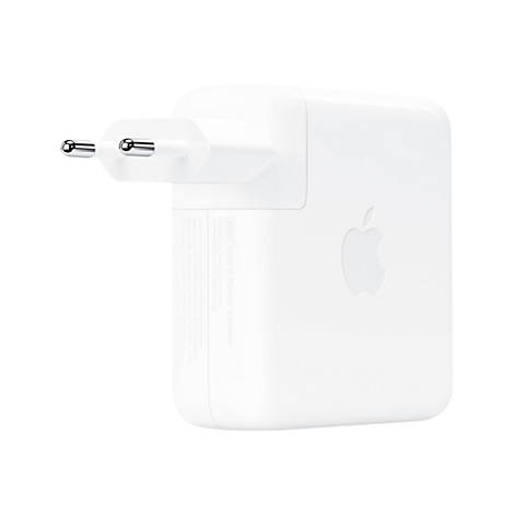 Weißes Apple 96W USB-C Netzteil mit Eurostecker vor neutralem Hintergrund.