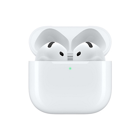 AirPods blancs dans un étui de chargement ouvert sur fond blanc. Voyant vert.