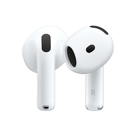 Zwei weiße AirPods vor weißem Hintergrund. Der rechte AirPod hat einen 'R' Aufdruck.