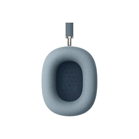 Gros plan d'un écouteur de casque bleu clair avec un insert en maille bleu foncé, isolé.