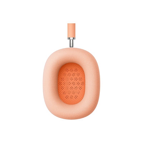 Nahaufnahme der orangefarbenen Textil-Ohrpolster eines Apple AirPods Max Kopfhörers auf weißem Hintergrund.