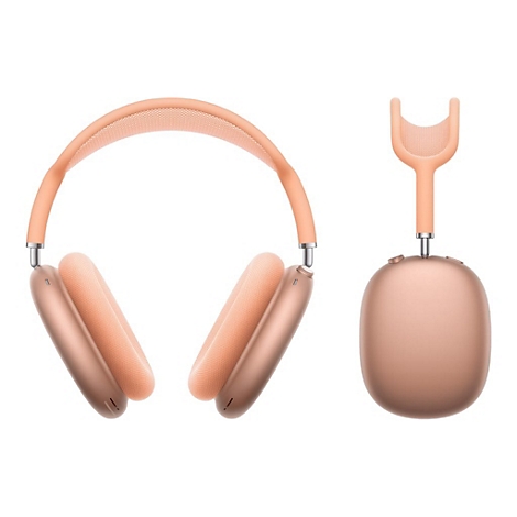 Casque rose clair avec coussinets et bandeau réglable sur fond blanc. Un seul écouteur est montré à droite.