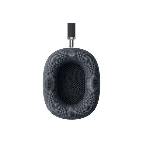 Gros plan d'un casque circum-auriculaire gris. Le coussinet est ovale et recouvert d'un tissu fin. Une tige argentée relie le coussinet au bandeau.