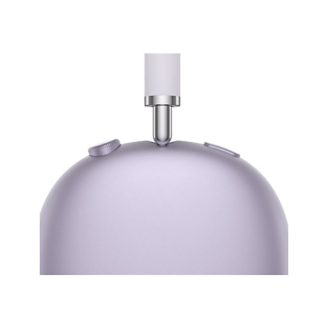 Gros plan sur un casque violet. Un serre-tête blanc et deux boutons sont en haut.
