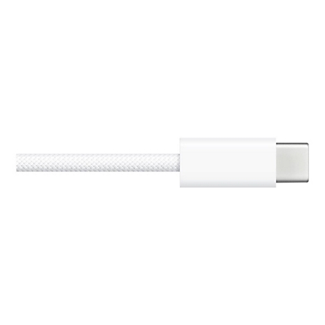 Gros plan d'un câble USB-C blanc avec une gaine tressée.