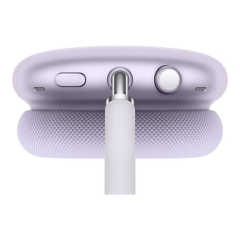 Gros plan d'un casque violet. Un câble blanc est branché. Détails : Bouton, port, écouteur.