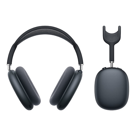 Casque gris foncé avec écouteurs, serre-tête et étui séparé sur fond blanc.