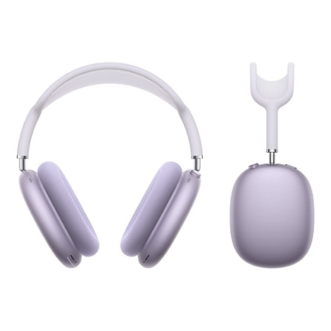 Casque lilas clair et étui assorti sur fond blanc.