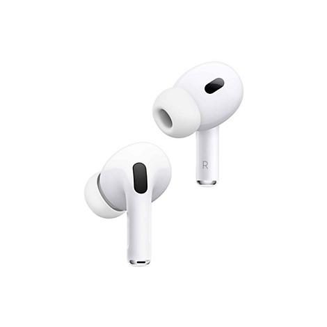 Zwei weiße Apple AirPods Pro vor weißem Hintergrund. Der linke AirPod ist leicht nach vorne geneigt. Der rechte zeigt ein "R".