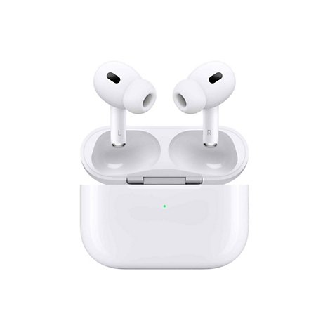 Weiße Apple AirPods Pro Kopfhörer in geöffneter Ladeschale. Auf den Hörern sind "L" und "R" zu sehen. Die Schale hat eine grüne LED.