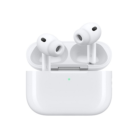 AirPods blancs dans leur étui de chargement, avec un point vert pour l'état de charge. Un 'R' est visible à droite.