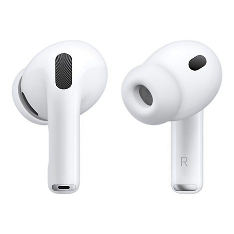 Zwei weiße AirPods Pro, Nahaufnahme. Beide Ohrhörer sind zu sehen, einer mit schwarzem Lautsprechergitter, der andere mit „R“.