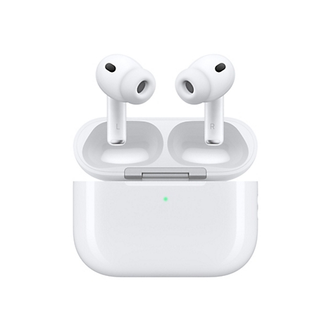 Zwei weiße kabellose Ohrhörer mit Ladecase, vor weißem Hintergrund. Der Case ist geöffnet, ein grünes Licht leuchtet.