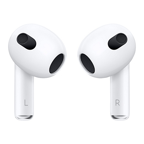 Zwei weiÃŸe AirPods, Nahaufnahme. Einer zeigt das 'L' fÃ¼r links, der andere das 'R' fÃ¼r rechts.