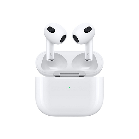 WeiÃŸe AirPods in Ladecase. Beides vor weiÃŸem Hintergrund.