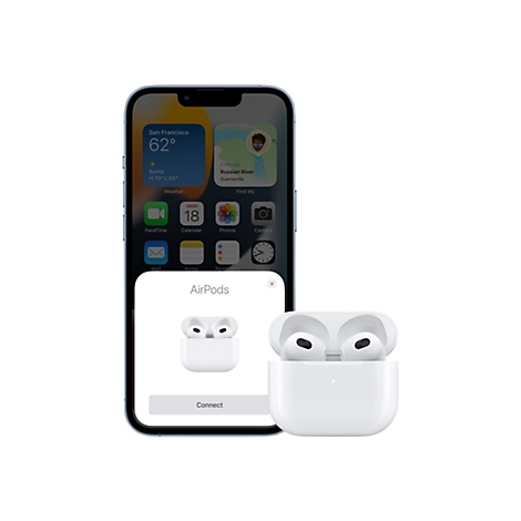Ein iPhone zeigt die Verbindung von weiÃŸen AirPods an. Die AirPods und das Ladecase sind daneben abgebildet.