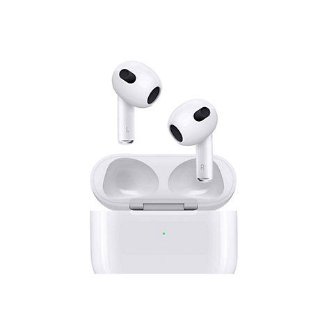 Weiße Apple AirPods und das geöffnete Ladecase vor weißem Hintergrund.