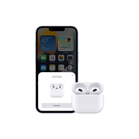 Ein Smartphone zeigt eine Pop-up-Meldung zur Kopplung von weißen AirPods, die rechts daneben abgebildet sind.